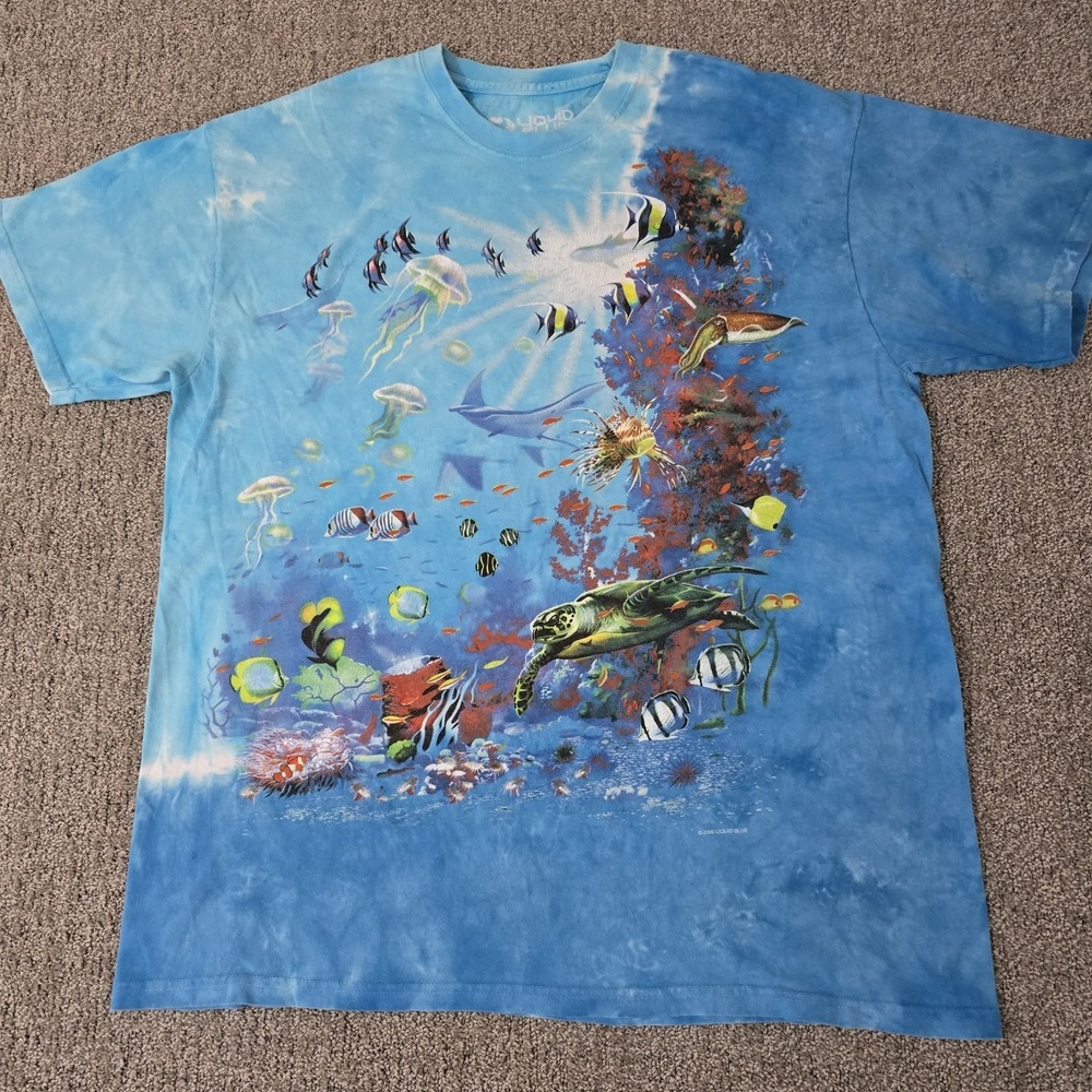 Liquid Blue Coral Reef Tie Dye T Shirt XL Aquarium Sea Life 2000s